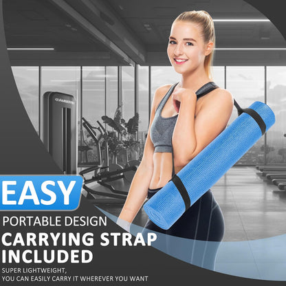 Signature Fitness All Purpose 0.25 Inch Thick High Density No Tear Exercise Yoga Mat with Strap & Lightweight Features for Indoor & Outdoor Use, Blue