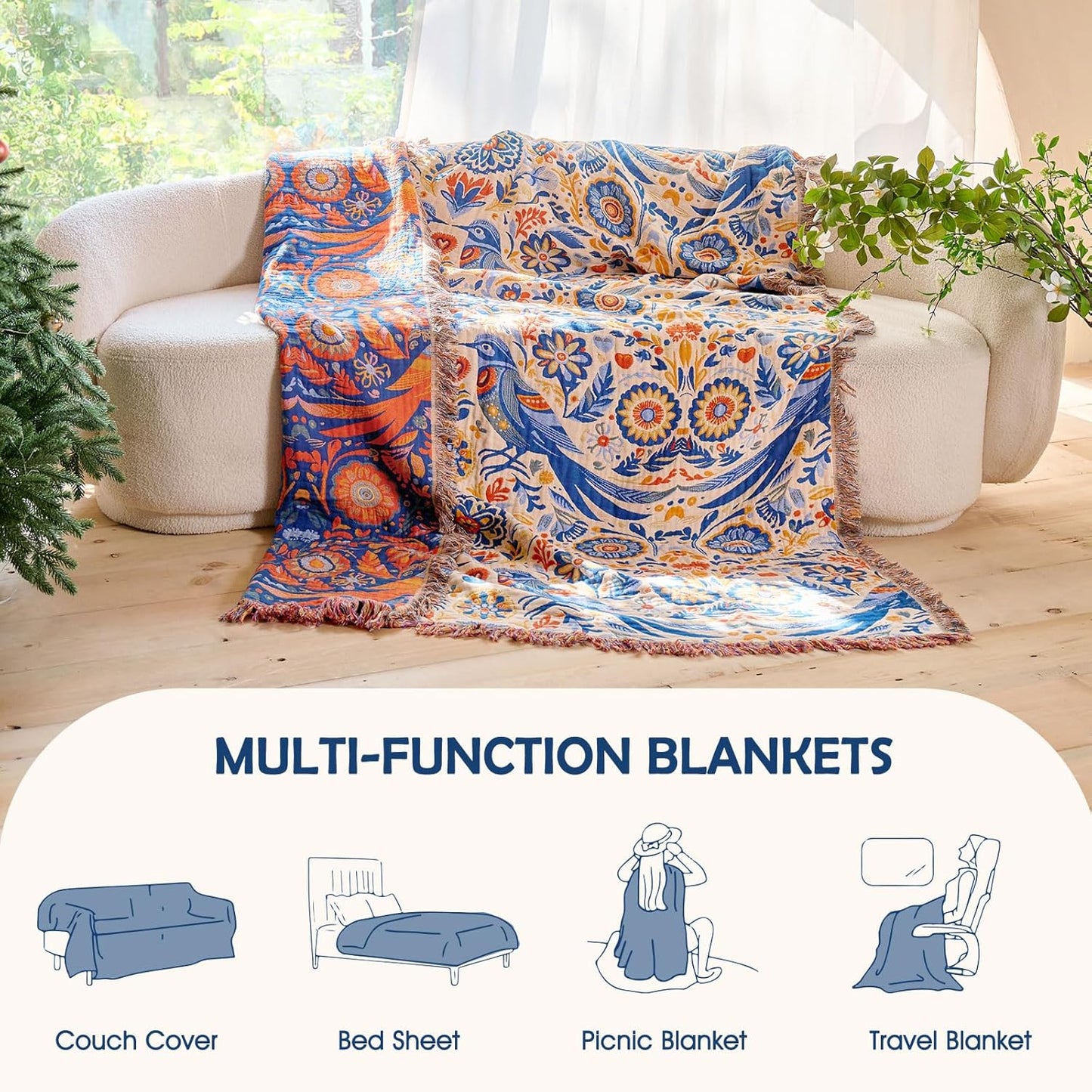 Boho Throw Blanket - 100% Cotton Soft Summer Throw Blanket for Bed, 50"x60" Reversible Breathable Lightweight Blankets, All Seasons Farmhouse Decor Floral Plant Butterfly Throw Quilt