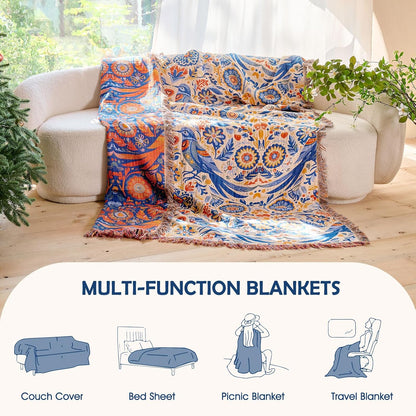 Boho Throw Blanket - 100% Cotton Soft Summer Throw Blanket for Bed, 50"x60" Reversible Breathable Lightweight Blankets, All Seasons Farmhouse Decor Floral Plant Butterfly Throw Quilt