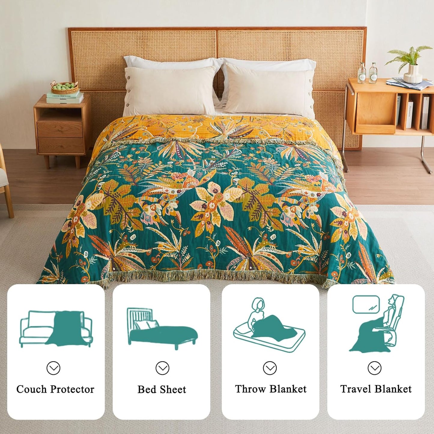 Boho Throw Blanket - 100% Cotton Soft Summer Throw Blanket for Bed, 50"x60" Reversible Breathable Lightweight Blankets, All Seasons Farmhouse Decor Floral Plant Butterfly Throw Quilt