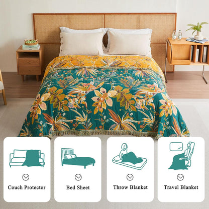 Boho Throw Blanket - 100% Cotton Soft Summer Throw Blanket for Bed, 50"x60" Reversible Breathable Lightweight Blankets, All Seasons Farmhouse Decor Floral Plant Butterfly Throw Quilt