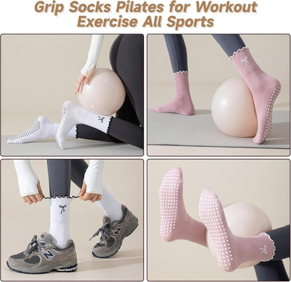 Grip Socks Pilates,4/6Pairs Cotton Cute Pilates Socks for Women, Ruffle Grippy Sock for Yoga Barre Hospital 5-10in