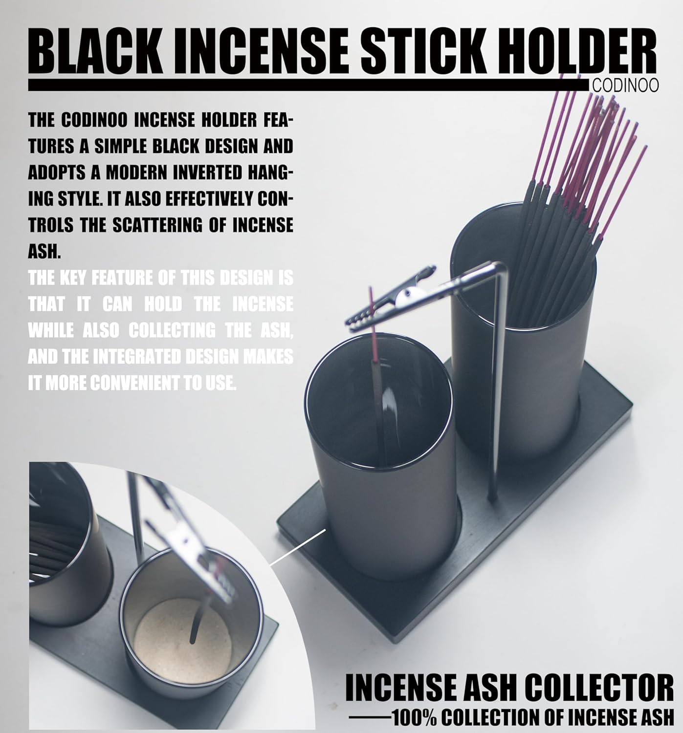 2 in 1 Incense Holder for Sticks Incense Burner Holder with Storage,Glass Upside Down Incense Holder for Sticks with Glass Ash Catcher for Meditation Yoga Spa Room Home Decor[Black]