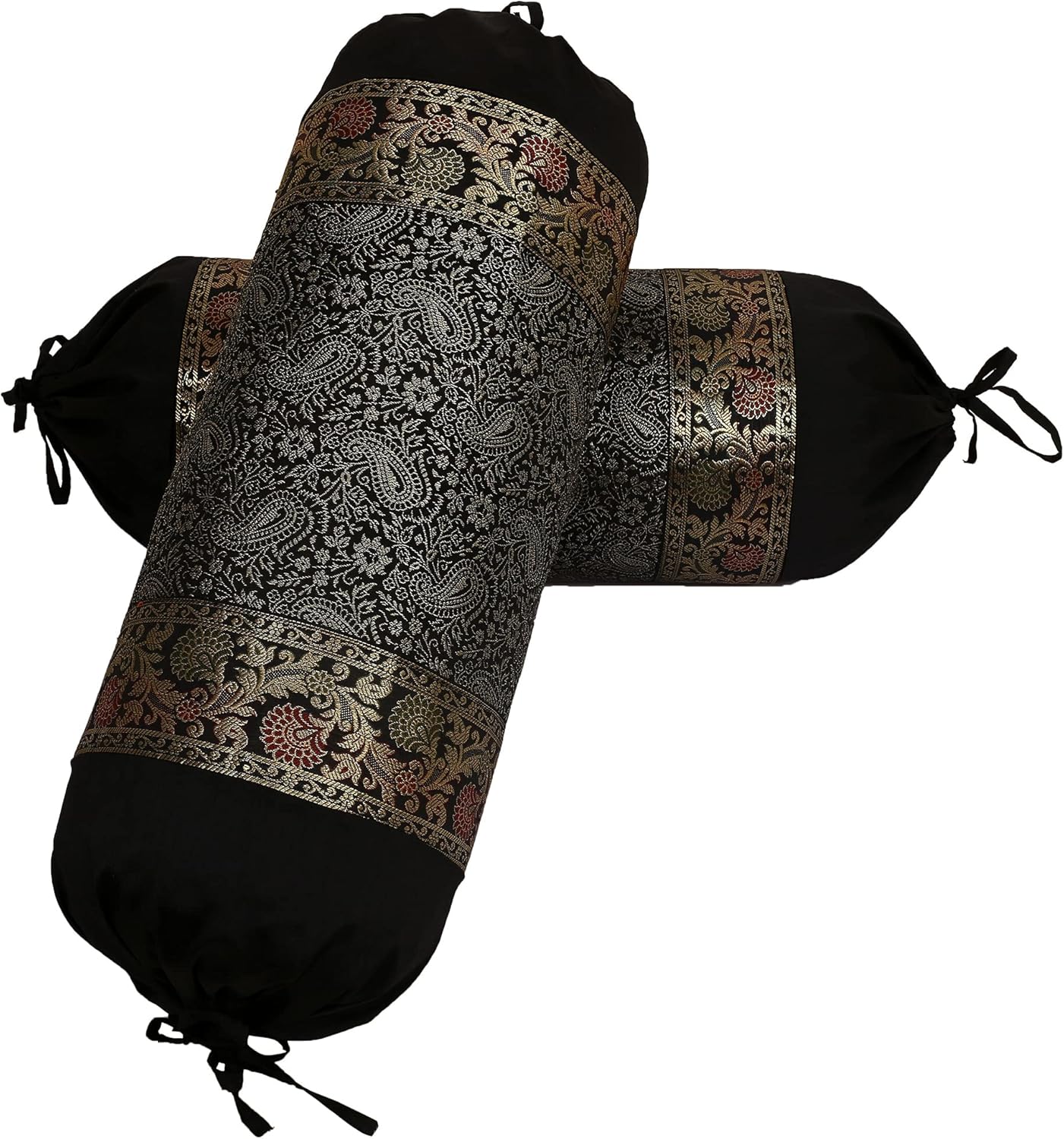 Ethnic Jacquard Brocade Silk Bolster Yoga Rectangular Pillowcase Cover Paisley Black Tubular Living Room Decorative Cylindrical Hotdog Indian Throw Pillowcase 76x38 cm - Set of 2 Pcs