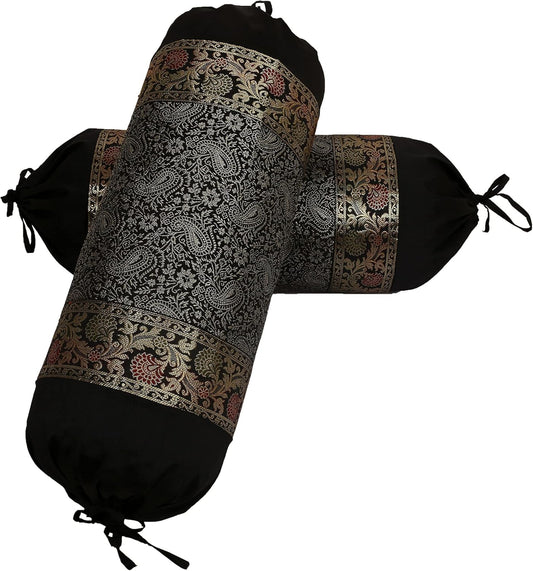 Ethnic Jacquard Brocade Silk Bolster Yoga Rectangular Pillowcase Cover Paisley Black Tubular Living Room Decorative Cylindrical Hotdog Indian Throw Pillowcase 76x38 cm - Set of 2 Pcs