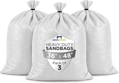 Heavy Duty Sand Bags Pack of 3, White Empty Sandbags with Built-In Ties, Woven Polypropylene UV Protection 1600 Hours, Fillable Sand Bags for Flood Control, Weight, 10x14 inches, 15 Pounds Volume