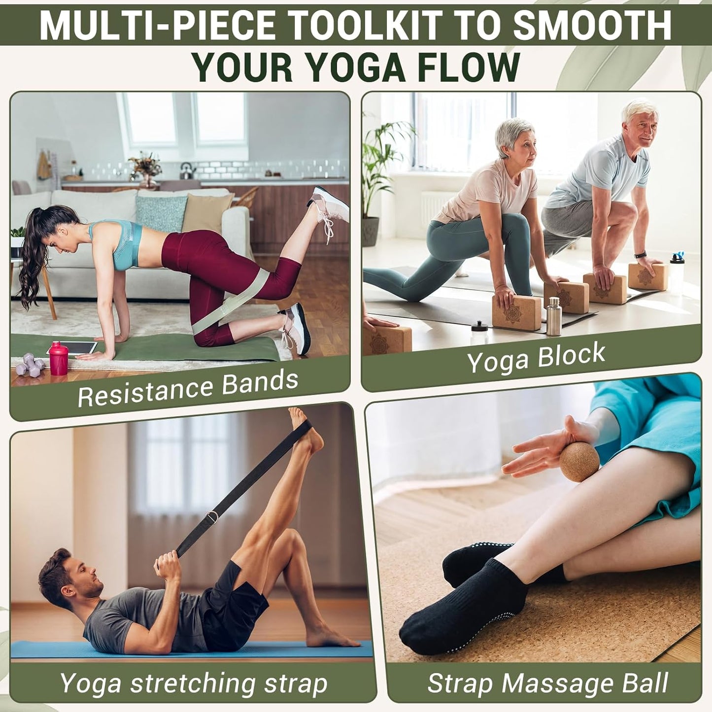 Outus 2 Pcs Yoga Accessories Cork Yoga Blocks Set 2 Cork Fascia Balls 5 Gray Gradient Series Resistance Bands 2 Black Socks and Balck Stretching Strap for Women Pilates, Stretching and Toning