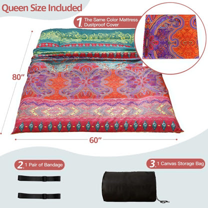 MAXYOYO Bohemian Retro Mattress Boho Floral Japanese Futon Mattress Tatami Floor Mat Foldable Portable Camping, Sleeping Pad, Lounger Couch Bed Full Size