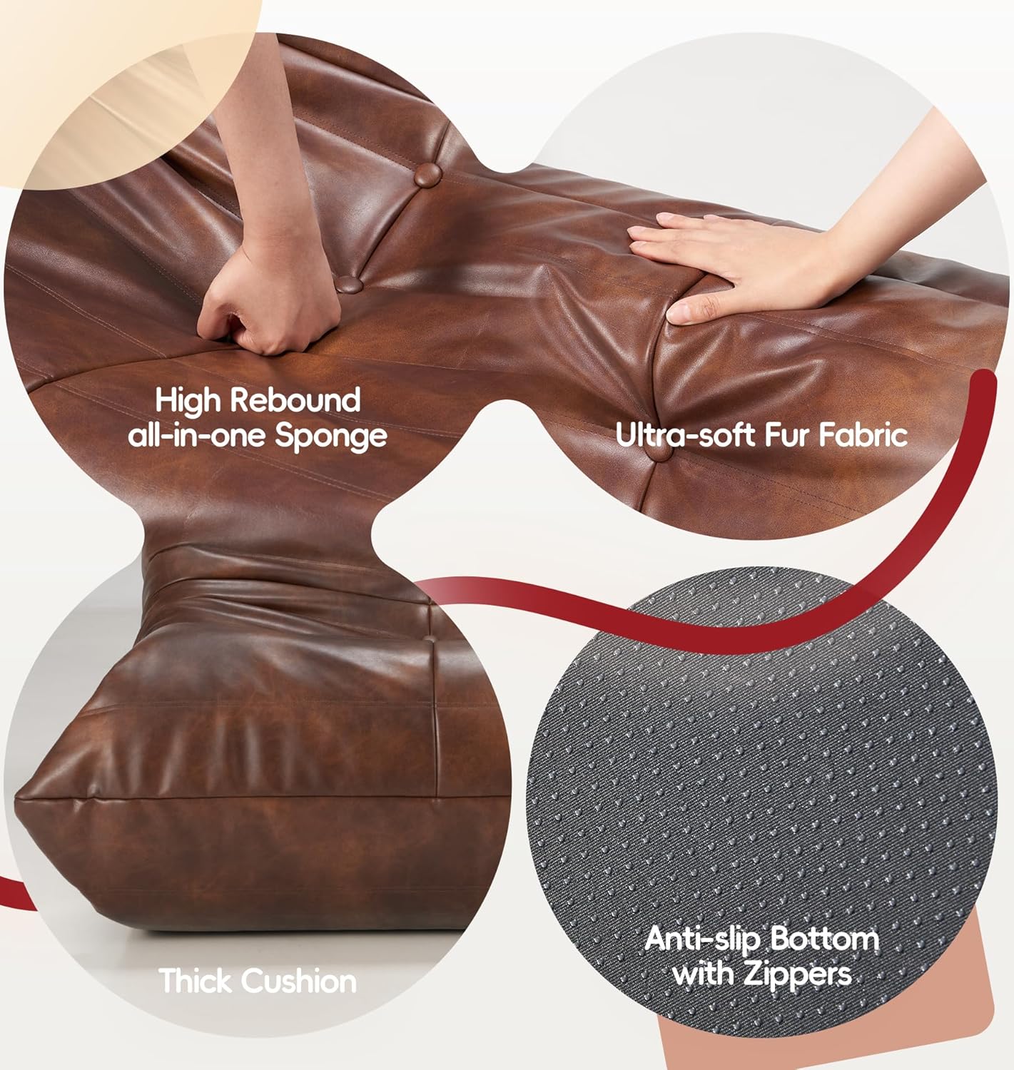 Hobestluk Giant Bean Bag Chair Lazy Floor Sofa, Memory Foam Fireside Sofa for Adults, Big Beanbag Faux Leather Armless Chair for Living Room Bedroom Dorm Office (Brown, Single)