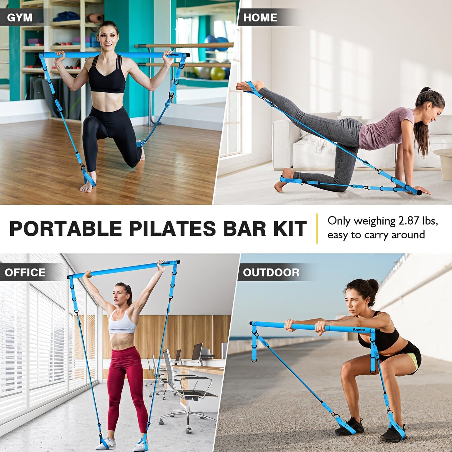 Ayombo Pilates Bar Kit with Resistance Bands, Pilates Workout Equipment for Legs, Hip, Waist, Arm, Squats Exercise Equipment for Home Workouts, Adjustable 3-Section Pilates Bar Kit for Women & Men