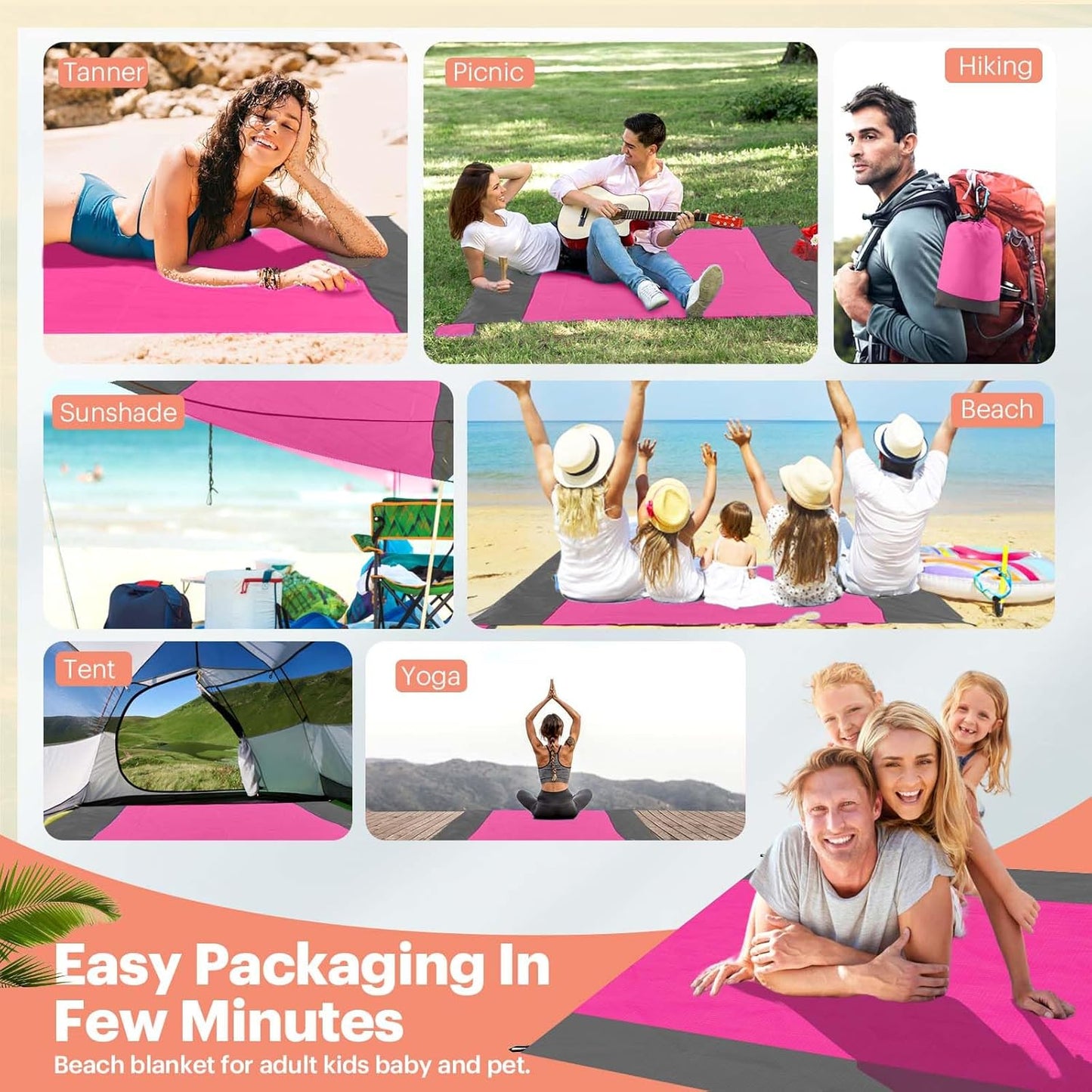 EASYFUN Beach Blanket Sandproof Oversized, 79''×83'' Extra Large Beach Mat, Portable Picnic Mat for Travel Camping Hiking, Lightweight Beach Essentials Family Water Resistant Mat Nylon 210T
