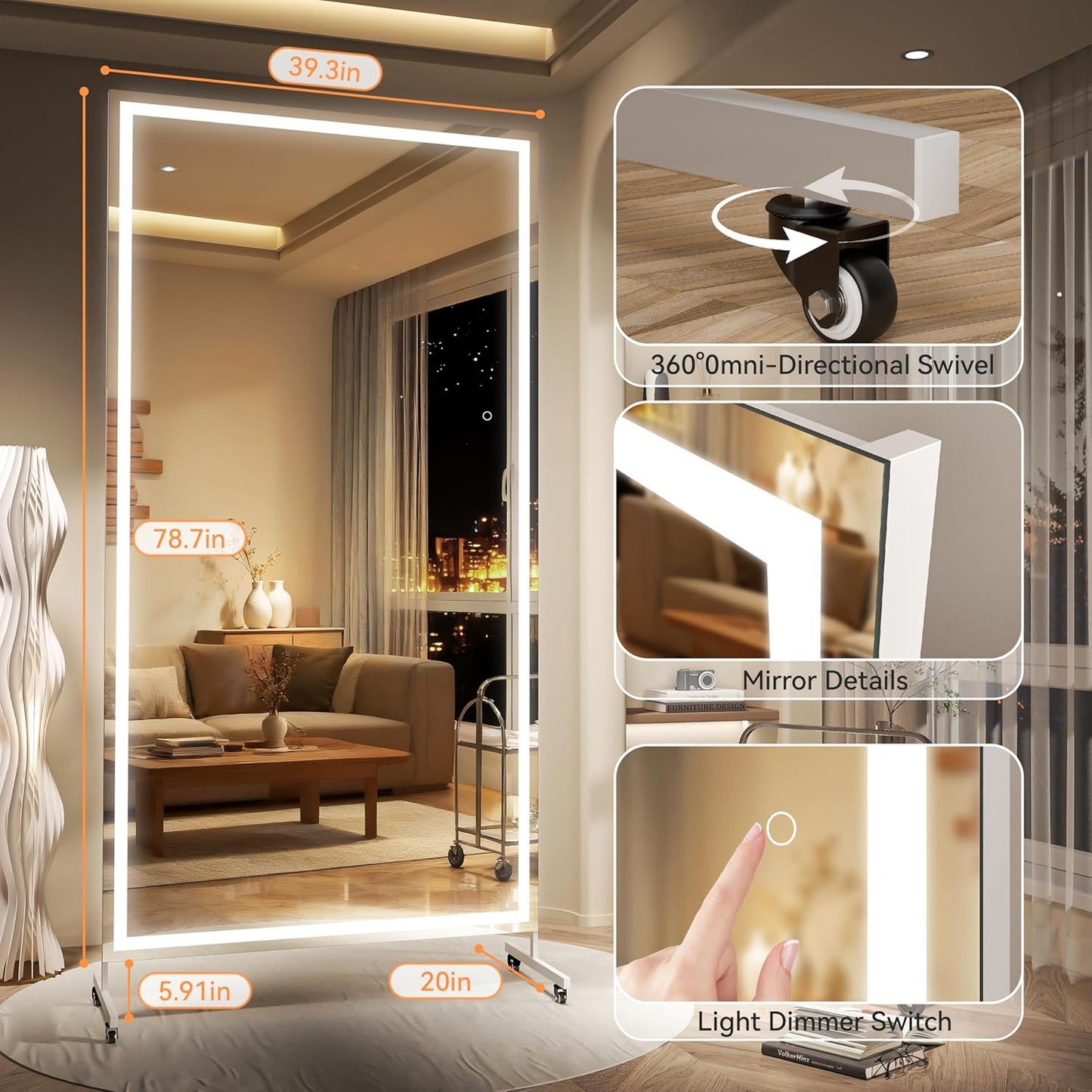Hasipu Home Gym Mirror with Light 360° Swivel on Wheels, 79" x 32" Extra Large Full Length Rolling LED Mirror for Yoga Studio, Bedroom, Dancing Studio, White