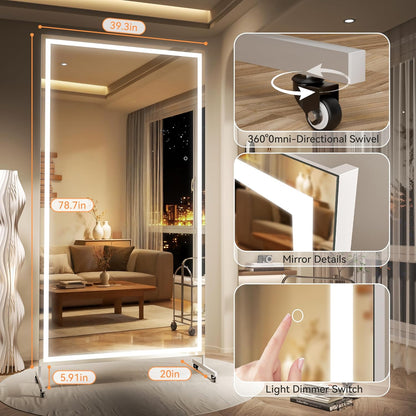 Hasipu Home Gym Mirror with Light 360° Swivel on Wheels, 79" x 32" Extra Large Full Length Rolling LED Mirror for Yoga Studio, Bedroom, Dancing Studio, White