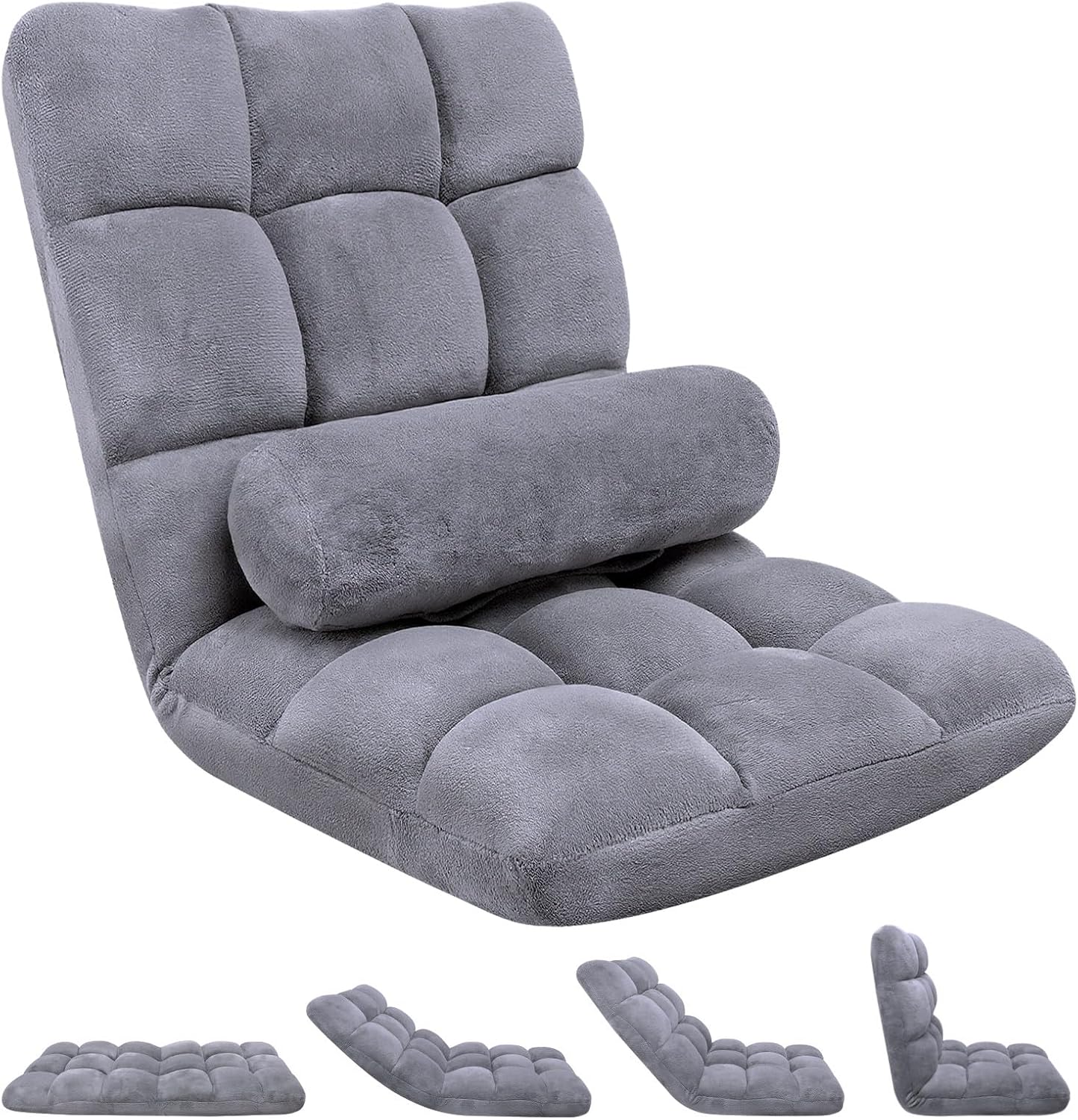 HOPERAN Floor Chair with Back Support, 6-Poistion Adjustable Floor Gaming Chair for Adults, Padded Reclining Floor Chair, Folding Floor Chairs for Meditation, Sleeping, Reading, Gaming, Grey