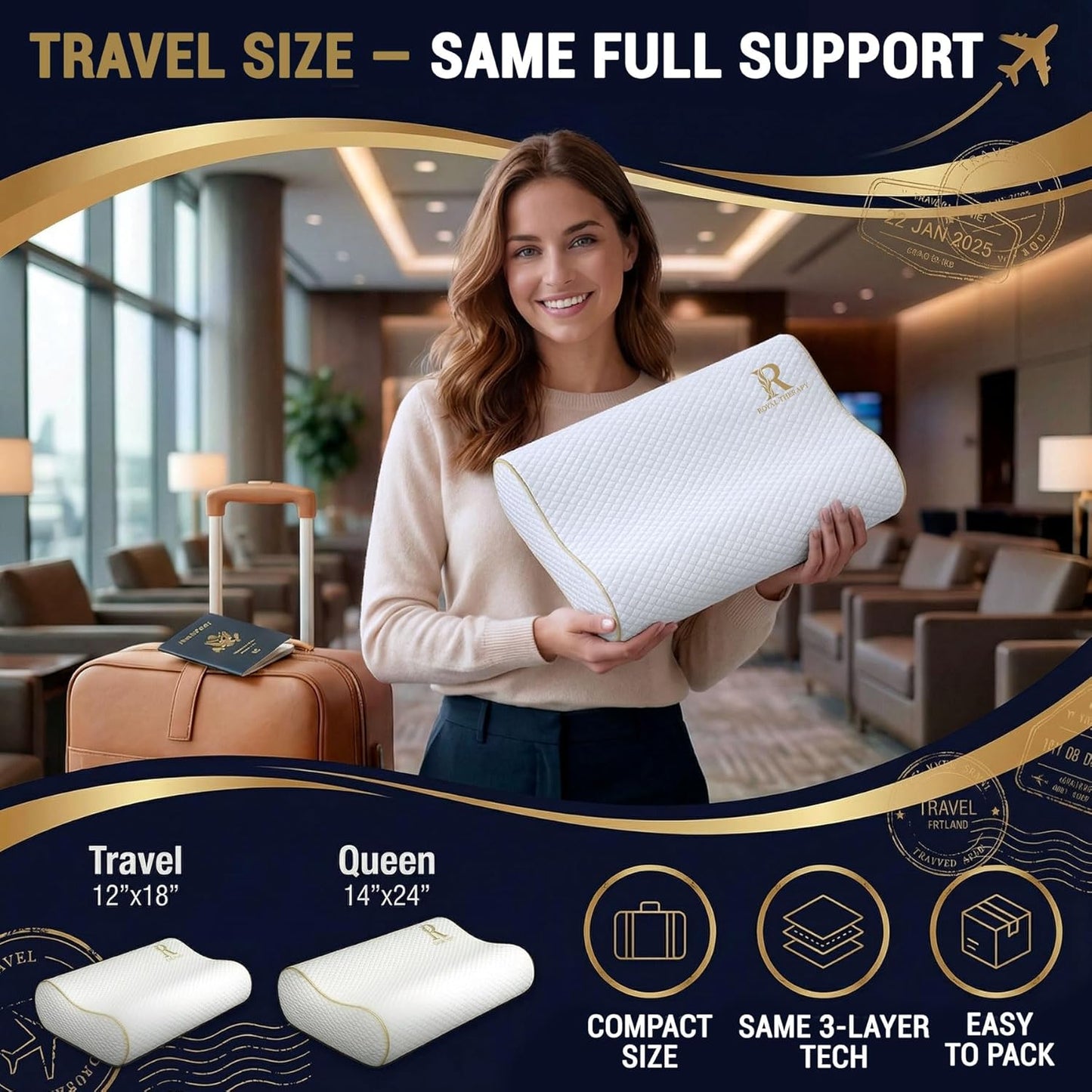 Royal Therapy Memory Foam Pillow, Queen Neck Pain Relief, Contour Cervical Pillow, for Neck and Shoulder Pain, Side, Back and Stomach Sleeper, 24x14x5 inches