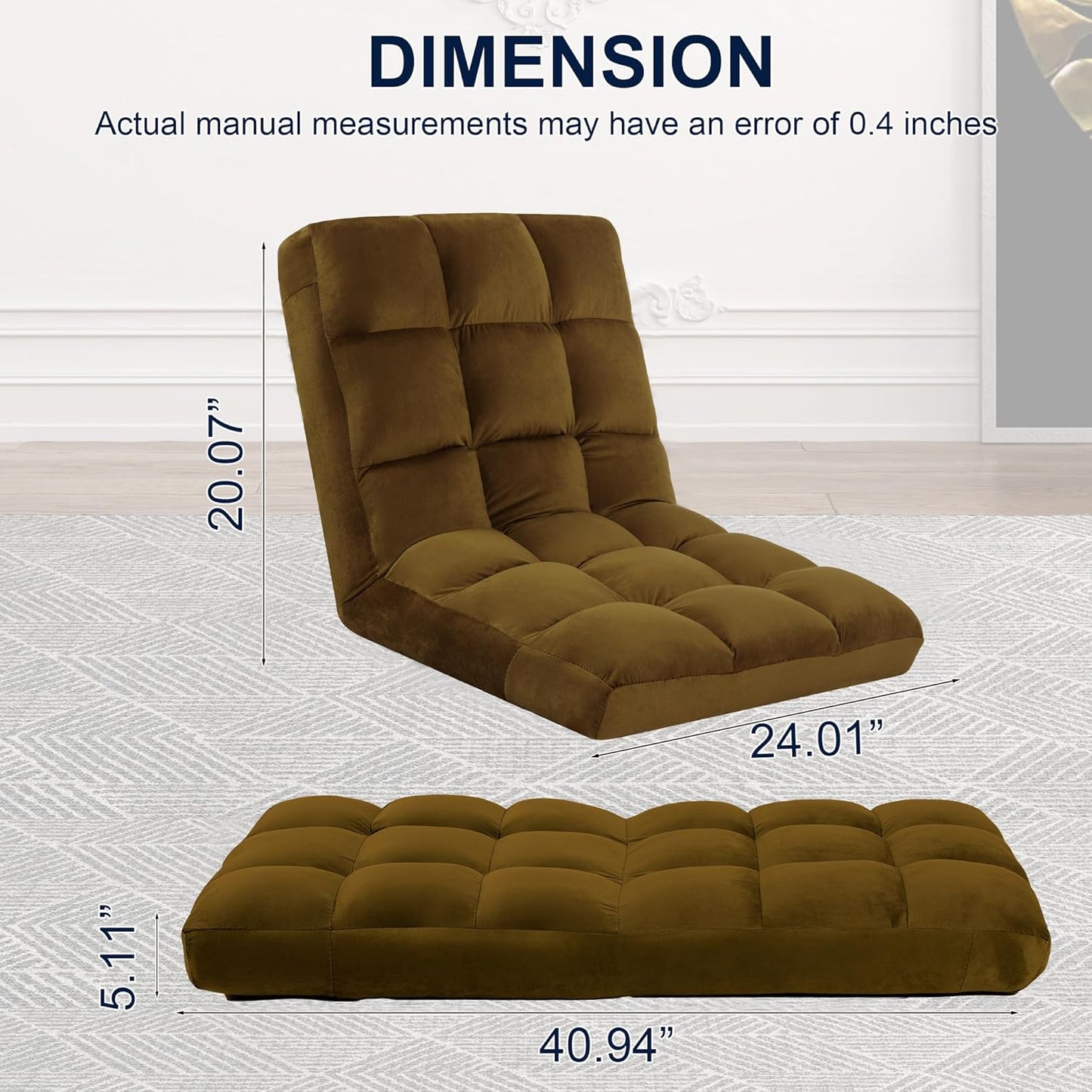 Floor Chair, 24 inches Wide Oversized Velvet Armless Lay Flat Floor seat Padded Meditation Chair with 6 Adjustable Position Ergonomic Comfortable Convenient(LRSF-008-PINK)