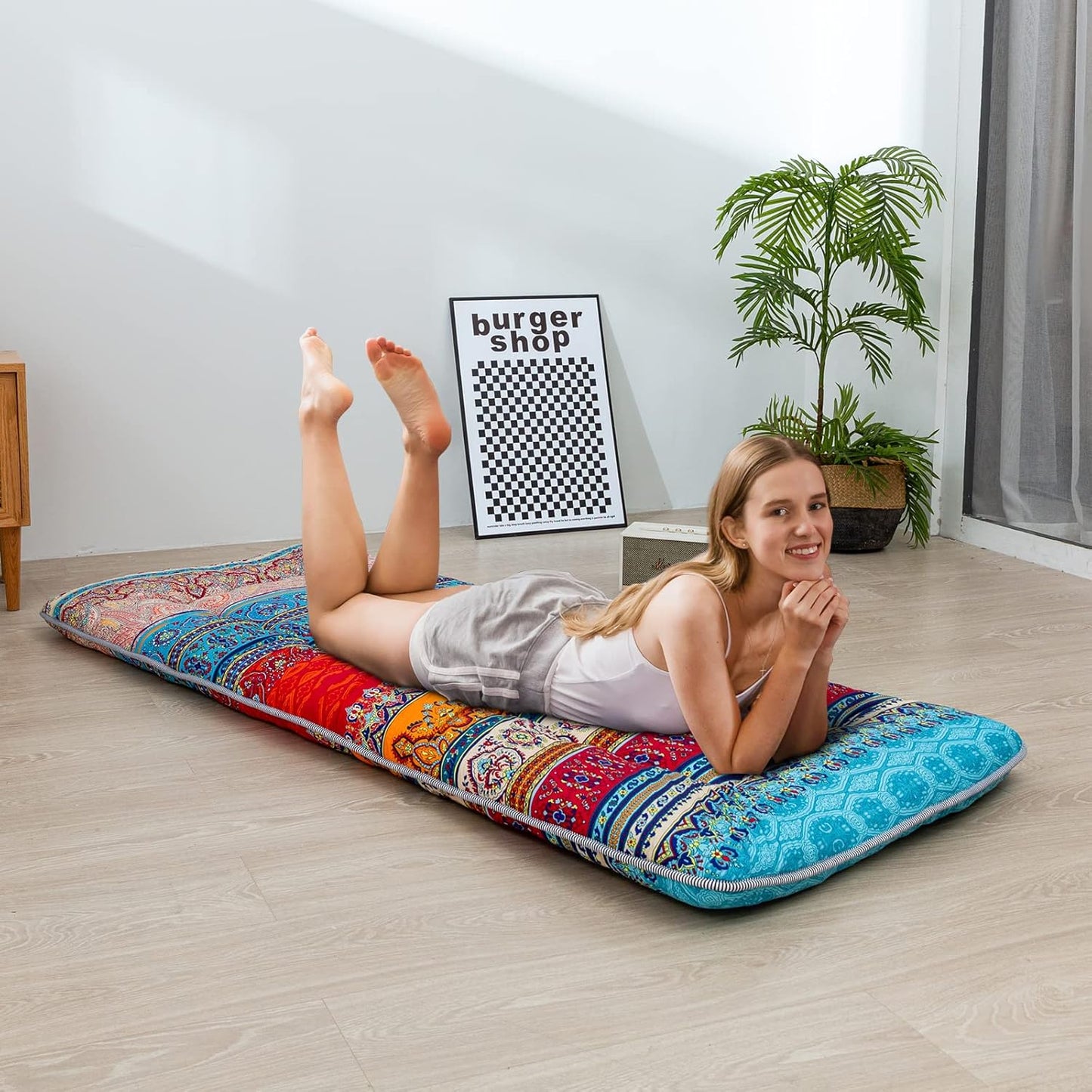 MAXYOYO Bohemian Retro Mattress Boho Floral Japanese Futon Mattress Tatami Floor Mat Foldable Portable Camping, Sleeping Pad, Lounger Couch Bed Full Size