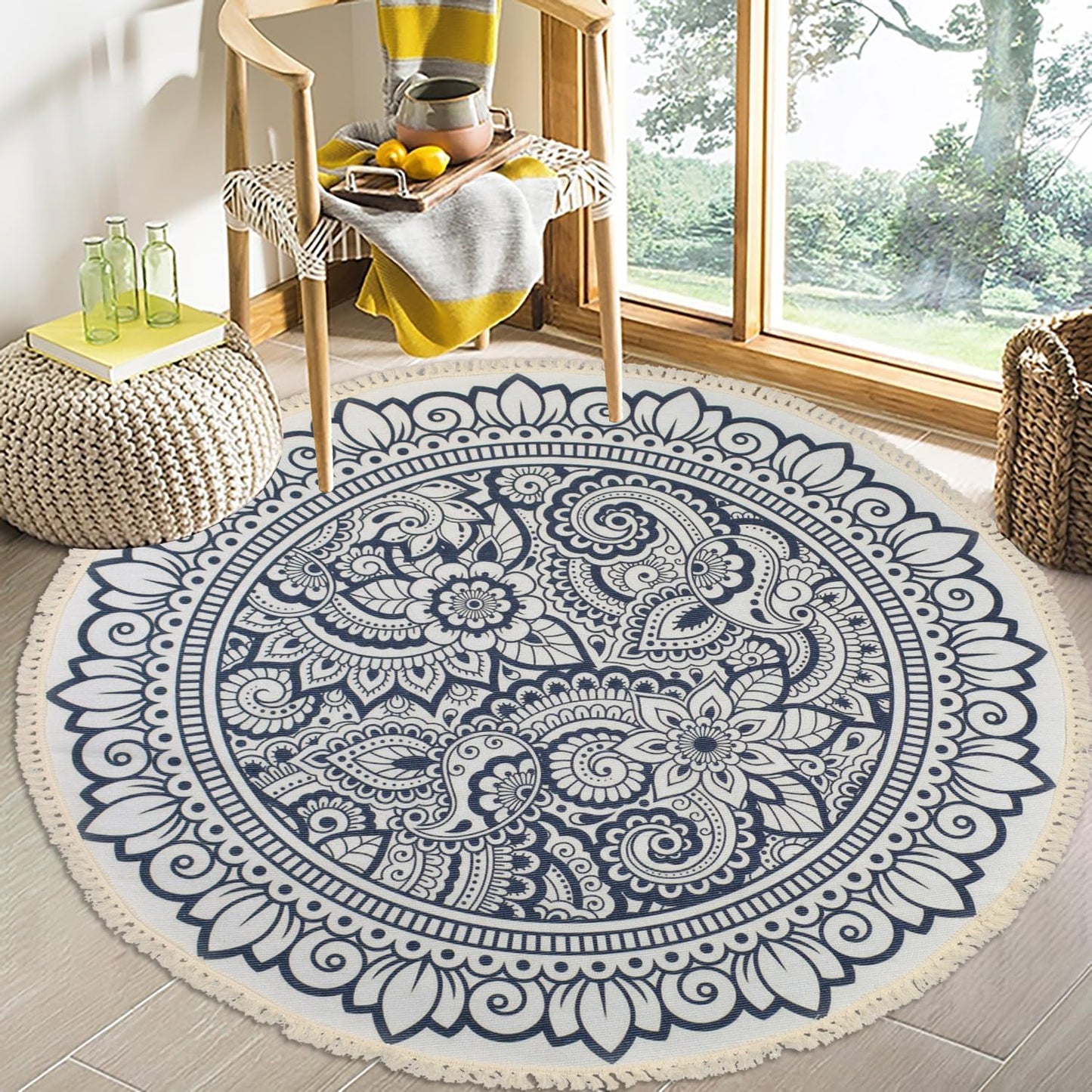 Boho Rug 5Ft Round Bedroom Carpet Circle Nonslip Farmhouse Area Rug Rustic Mandala Floor Mat for Living Room Locker Room Tassel Yoga Throw Rugs Washable Doormat, Purple
