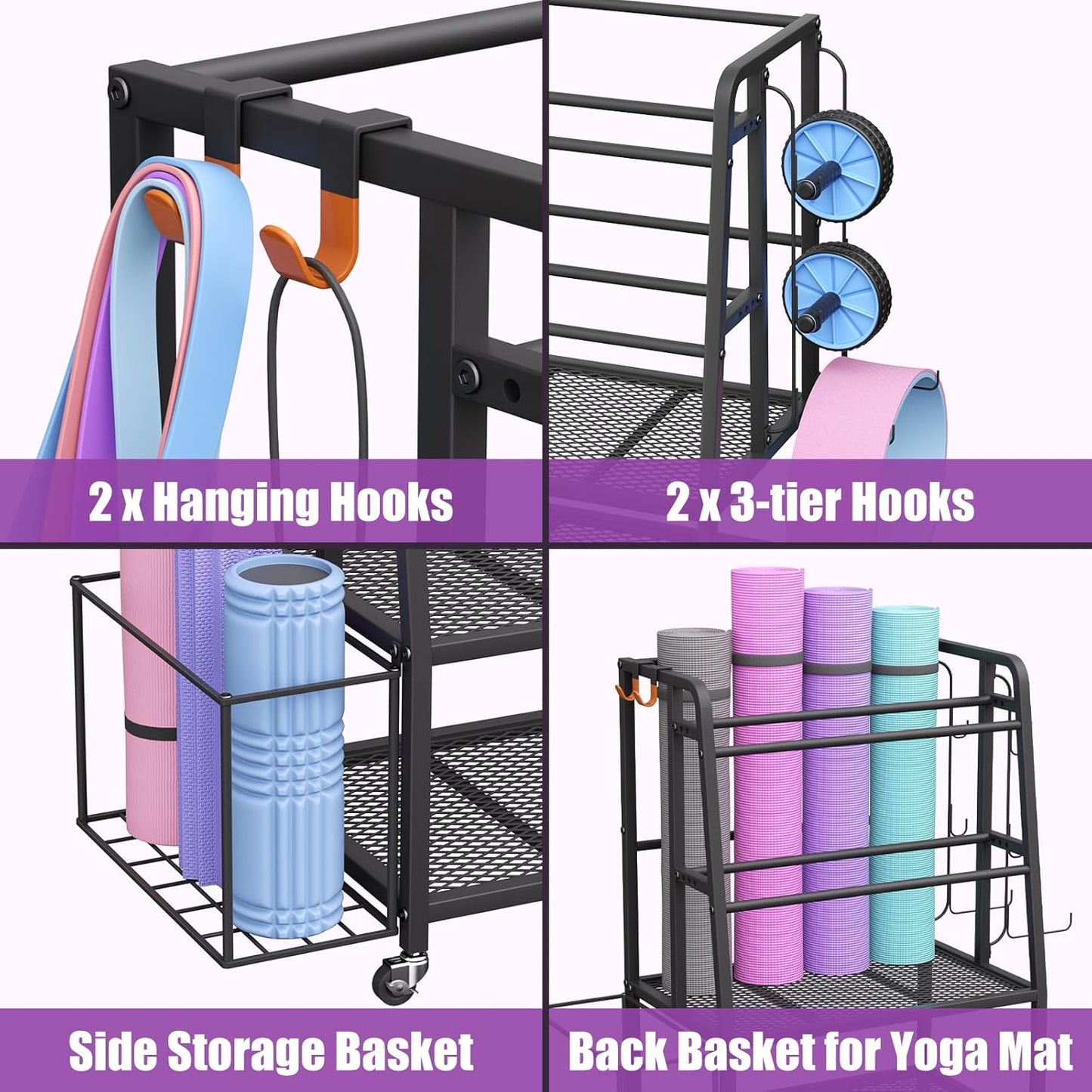 VOPEAK Dumbbell Rack for Home Gym, Adjustable Weight Rack Stand with Wheels, Heavy Duty Steel Storage Organizer for Dumbbells Kettlebells Yoga Mat, with Locking Casters & Side Hooks
