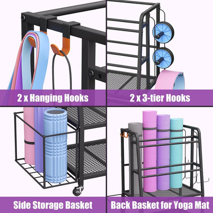 VOPEAK Dumbbell Rack for Home Gym, Adjustable Weight Rack Stand with Wheels, Heavy Duty Steel Storage Organizer for Dumbbells Kettlebells Yoga Mat, with Locking Casters & Side Hooks