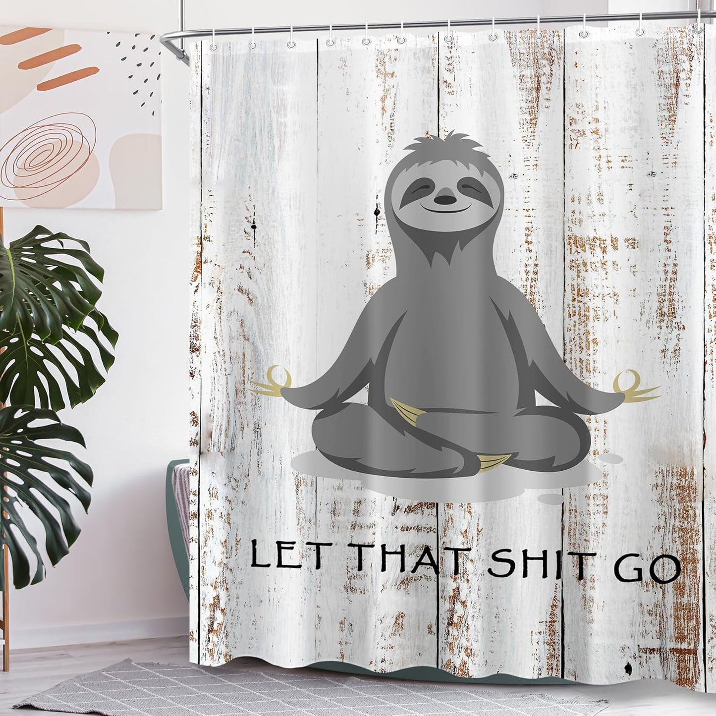 Funny Cute Yoga Sloth Shower Curtain Sets for Bathroom 60Wx72H Fun Animal Inspirational Quotes Shower Curtain Rustic Motivational Bathtub Curtain Wooden Farmhouse Bathroom Decor with 12 Hooks