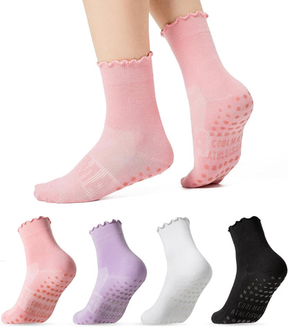 COOLMATE Pilates Socks with Grips for Women, Yoga Socks, Crew Non Slip Women for Barre, Pilates Gifts for Women - Colors B