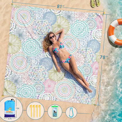 BYDOLL Beach Blanket Waterproof Sandproof Large Sand Free,78''X81''/10'X9' Oversized Sandless Lightweight Blanket Picnic Mat for Beach Travel Camping Hiking with Stakes