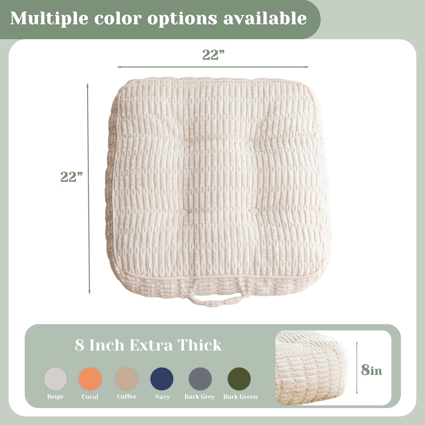 HIGOGOGO Floor Pillow Cushion for Adults, Meditation Cushion Pillow, Blended Corduroy Cover, Large Square Floor Sitting for Tatami Living Room or Yoga, 22x22 Inch, Beige