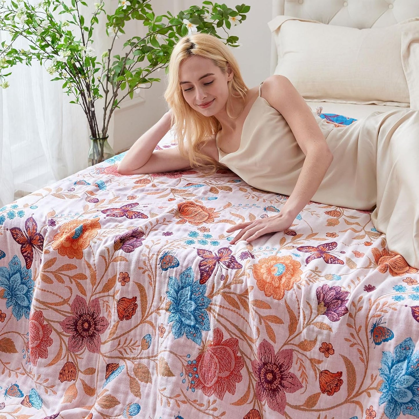 Boho Throw Blanket - 100% Cotton Soft Summer Throw Blanket for Bed, 50"x60" Reversible Breathable Lightweight Blankets, All Seasons Farmhouse Decor Floral Plant Butterfly Throw Quilt