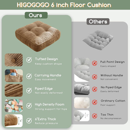 HIGOGOGO Floor Pillow Cushion for Adults, Meditation Cushion Pillow, Large Square Floor Sitting, Tufted Corduroy Cover, for Tatami Living Room or Yoga, 22x22 Inch, Dark Grey