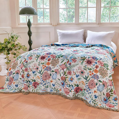 Boho Throw Blanket - 100% Cotton Soft Summer Throw Blanket for Bed, 50"x60" Reversible Breathable Lightweight Blankets, All Seasons Farmhouse Decor Floral Plant Butterfly Throw Quilt