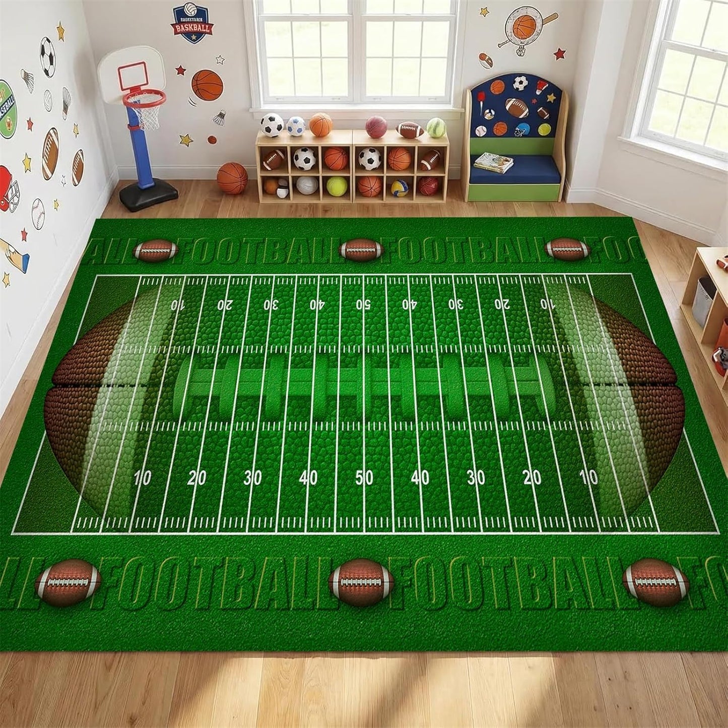 Sports Field Area Rug,5x7ft, Soccer Field Chalked Blackboard Football Stadium Board Painted Non-Slip Soft Carpet Floor Mat Indoor Living Room Bedroom Rugs Yoga Mat Home Decor
