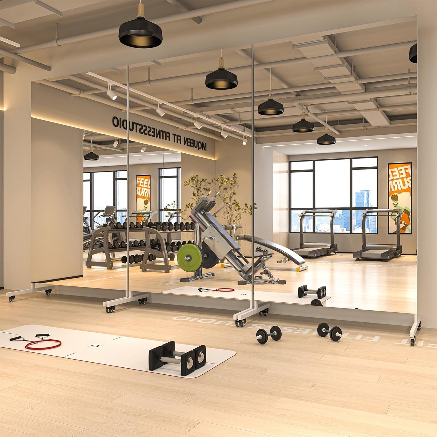 Hasipu Home Gym Mirror with Light 360° Swivel on Wheels, 79" x 32" Extra Large Full Length Rolling LED Mirror for Yoga Studio, Bedroom, Dancing Studio, White
