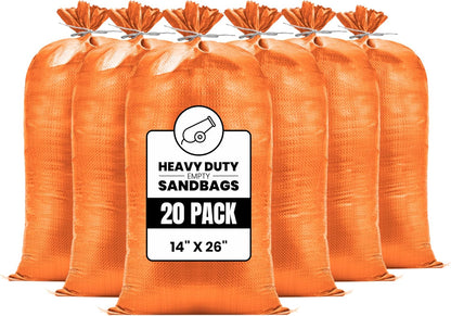 (Not Made in China) 20 Pack, Heavy Duty Sand Bags for Flooding, Empty Sandbags with Tie Strings, UV Protection 1600 Hours, Flood Control,14in x 26in, Sandbag for Weight, 50lb Capacity, White
