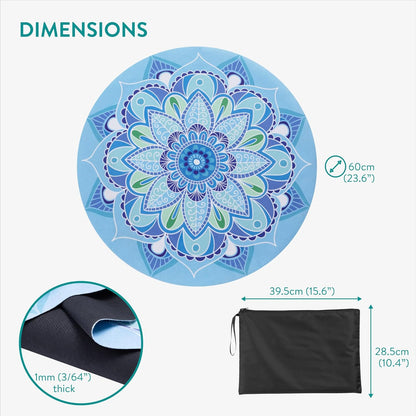 Navaris Round Yoga Mat - Compact Meditation Mat with Unique Pattern - For Yoga Skipping Pilates & Headstands - Includes Zipper Pouch - Small Jump Rope Mats Outdoor - Lotus