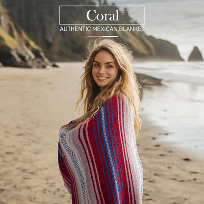 Hydration Nation Authentic Large Handwoven Mexican Blanket - Soft Yoga - Durable Serape - Lightweight Falsa, Beach, Camping, Picnic, Outdoor 70"x50" - Mandarin