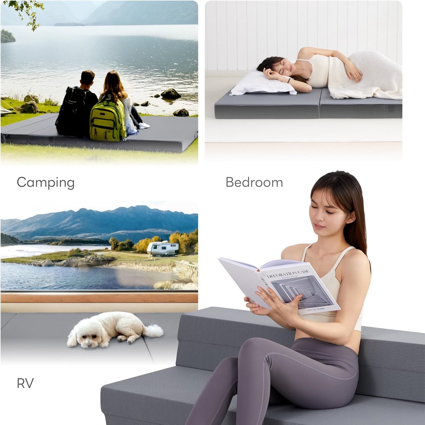 LIKIMIO Folding Mattress Queen, High Density Foam Mattress with Breathable and Washable Cover & Storage Bag, 4 Inch Foldable Mat Topper for Camping, RV and Yoga, Handle Design, Blue