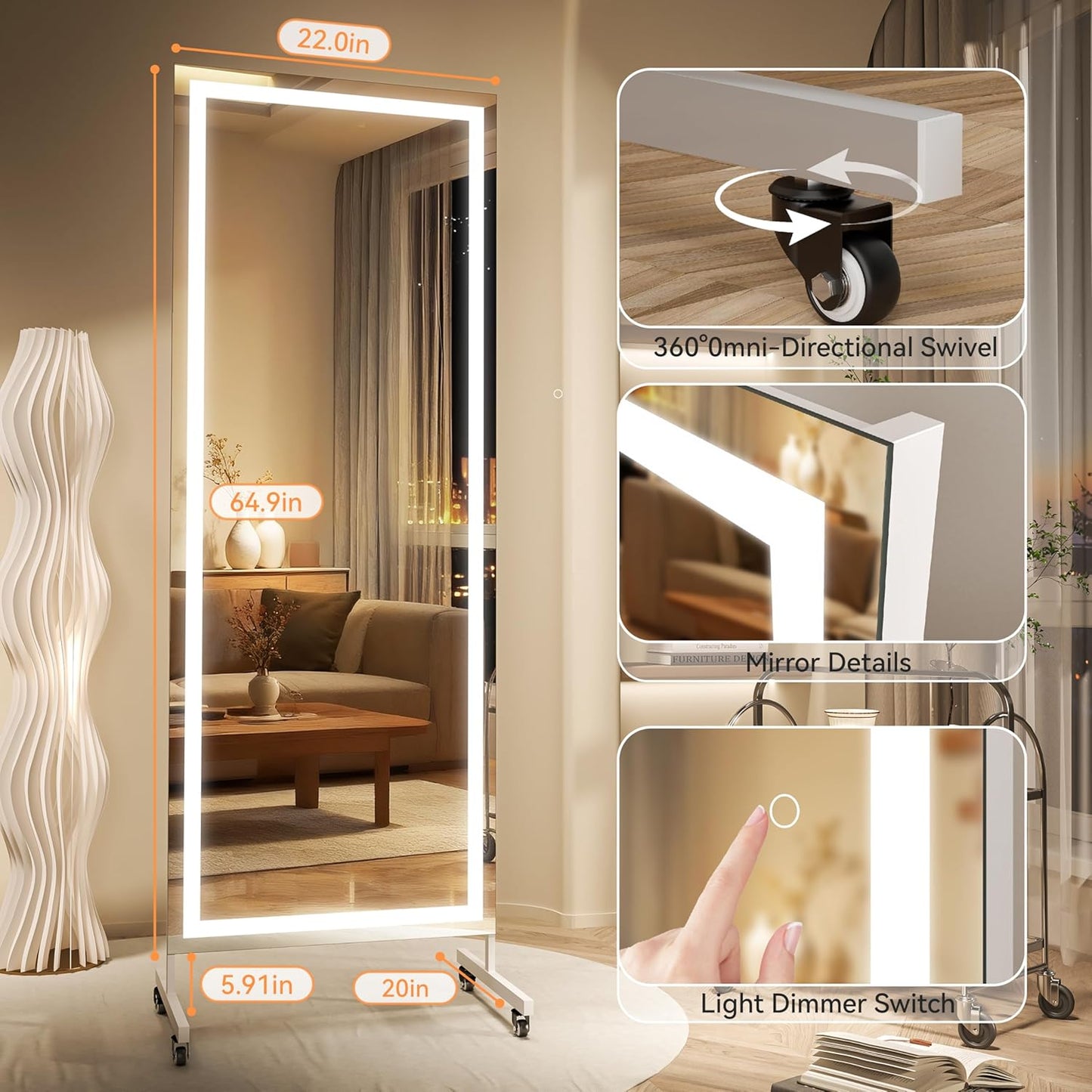 Hasipu Home Gym Mirror with Light 360° Swivel on Wheels, 79" x 32" Extra Large Full Length Rolling LED Mirror for Yoga Studio, Bedroom, Dancing Studio, White