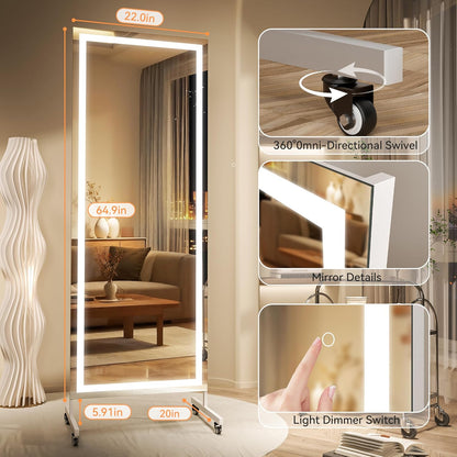 Hasipu Home Gym Mirror with Light 360° Swivel on Wheels, 79" x 32" Extra Large Full Length Rolling LED Mirror for Yoga Studio, Bedroom, Dancing Studio, White