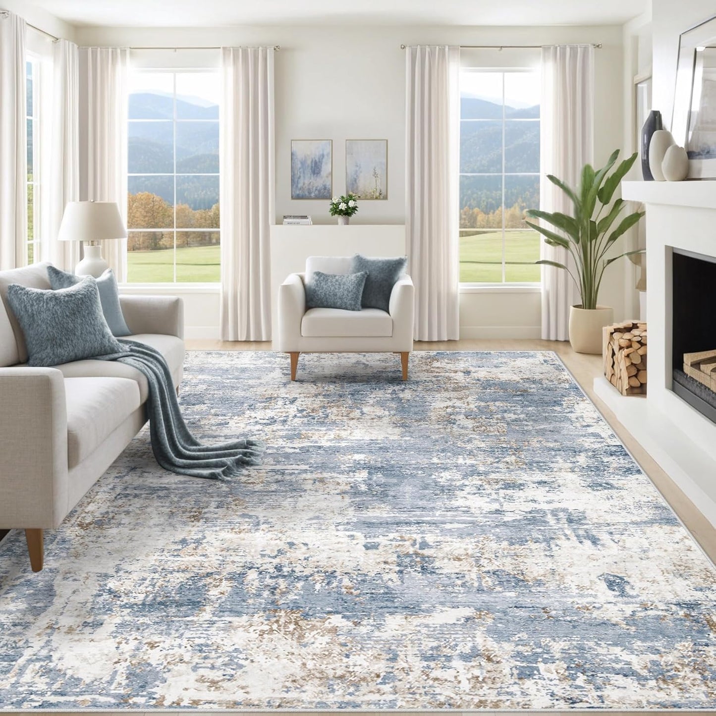 XLUEZ 8x10 Area Rugs for Living Room, Washable Modern Abstract Large Area Rug Neutral Soft Non Slip Kids Rug Stain Resistant Indoor Carpet for Bedroom Nursery Dining Children's Room(Blue, 8'x10')