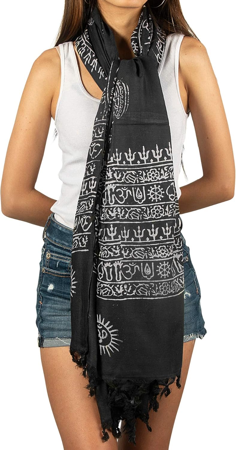 Tribe Azure Fair Trade Large Scarf Wrap Yoga Soft Cotton Mix Hand Printed Boho Bohemian White Black Yellow
