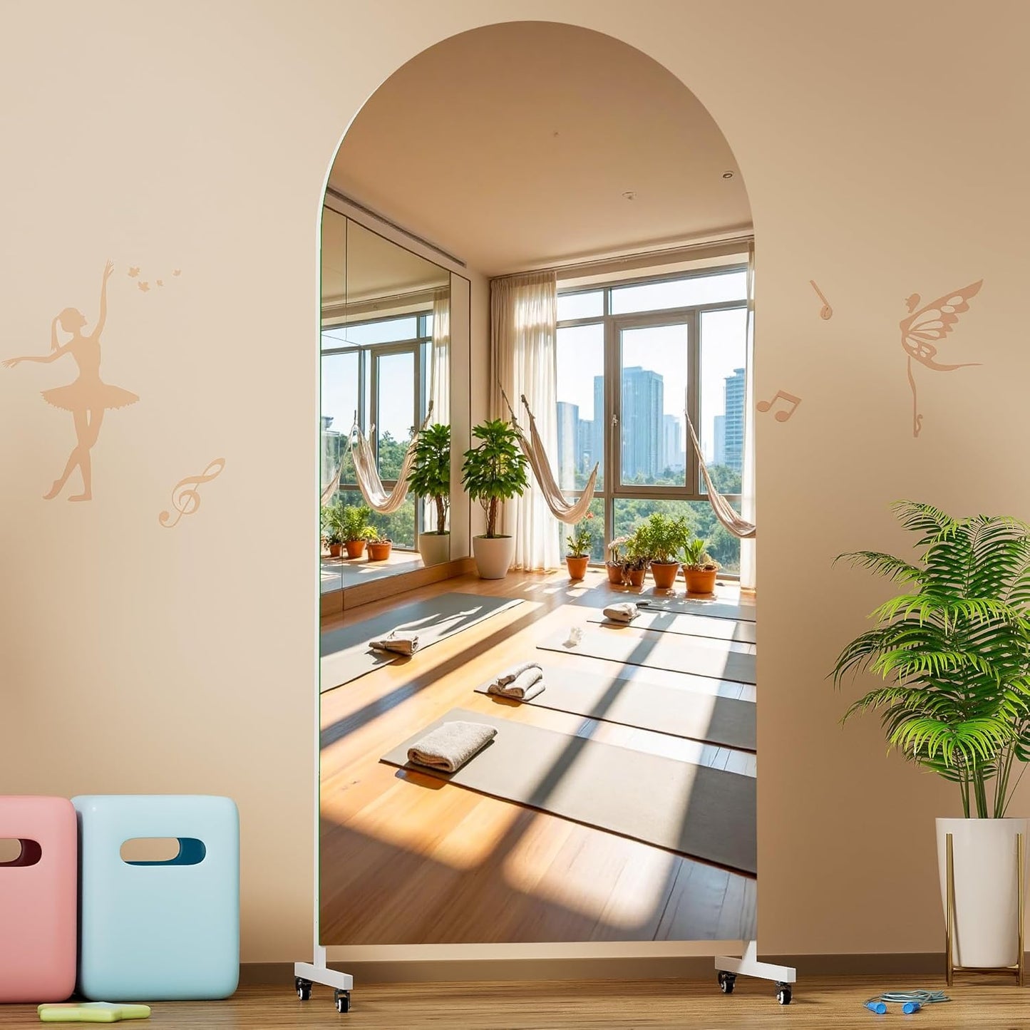 Hasipu 71" x 28" Arched Rolling Home Gym Mirror with Wheels, 360° Swivel Body Mirror with HD Tempered Glass, Large Floor Mirror for Yoga Room, Dance Studio, Bedroom & Home Gym