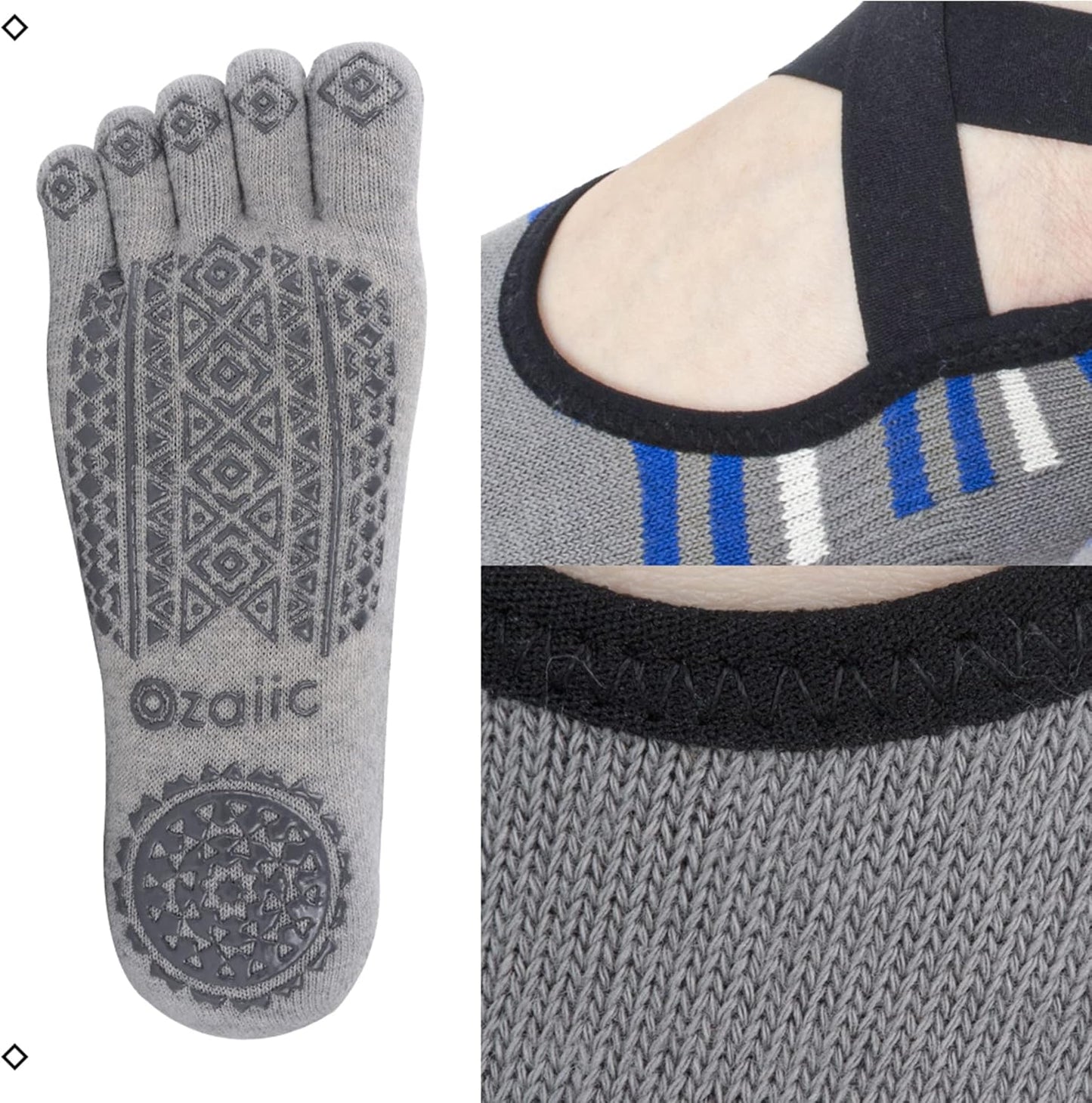 Ozaiic Yoga Socks for Women with Grips, Non-Slip Five Toe Socks for Pilates, Barre, Ballet, Fitness