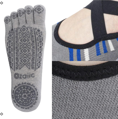 Ozaiic Yoga Socks for Women with Grips, Non-Slip Five Toe Socks for Pilates, Barre, Ballet, Fitness