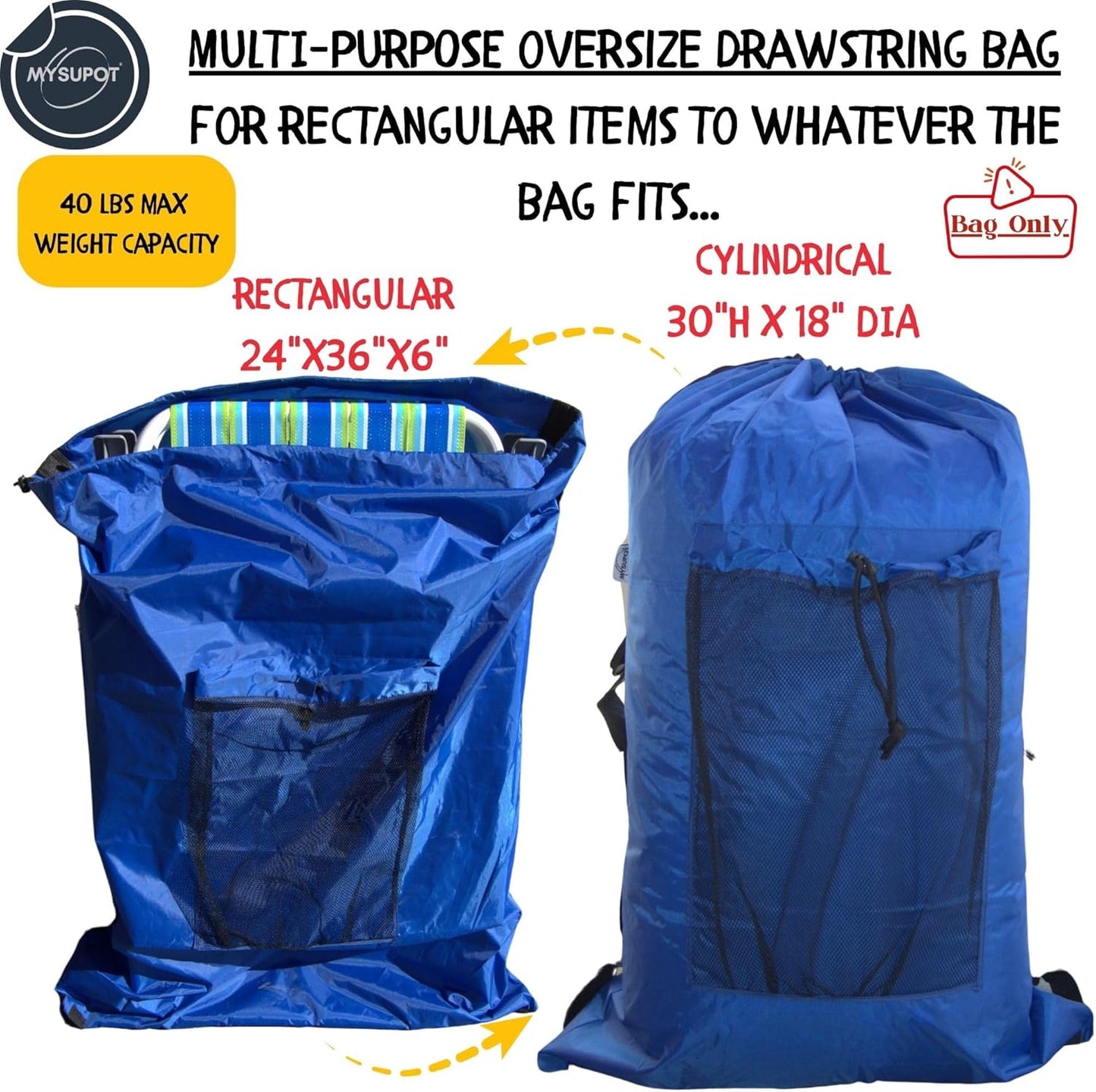 BLACK (Large 36"x24"x6") Beach Chair Bag. For Tent, Camping Mattress, Recliner, Dog Bed, Director & Lounge Chair, Booster Seat, Laundry. Light Duty 420D Polyester w/Adjustable Straps.