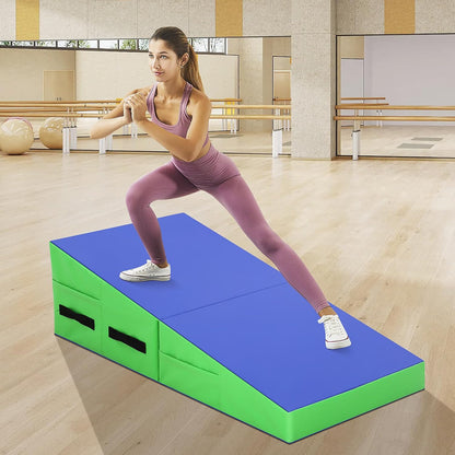 Gymnastics Mat Incline Tumbling Mats—Indoor/Outdoor Folding Cheese Wedge Mat with Non-Slip Surface & Handles for Kids Girls Home Training Exercise