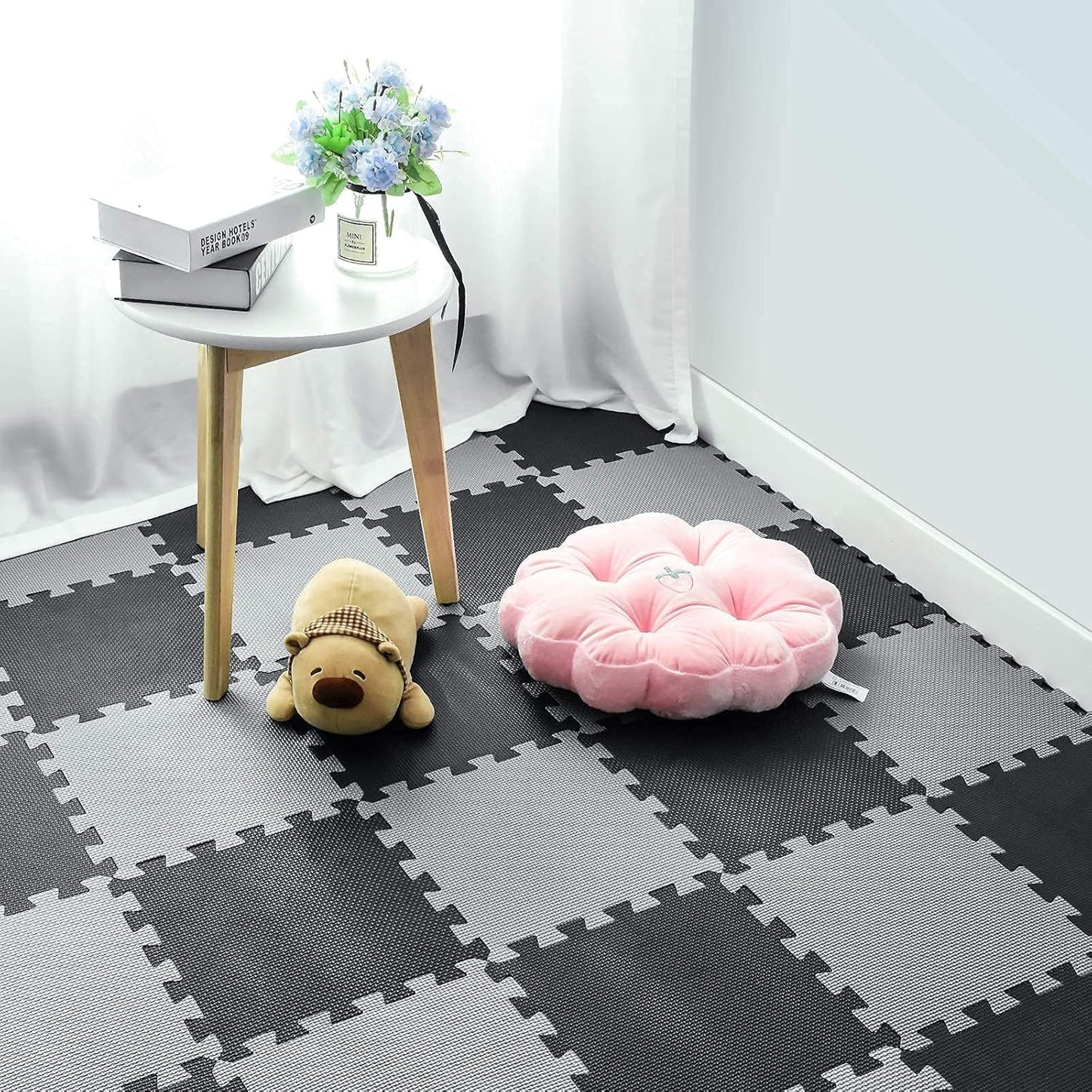 qqpp EVA Rubber 18 Tiles Interlocking Puzzle Foam Floor Mats - Baby Play Mat for Playing | Exercise Mat for Home Workout. White, Pink, Gray. QC-ACLb18N