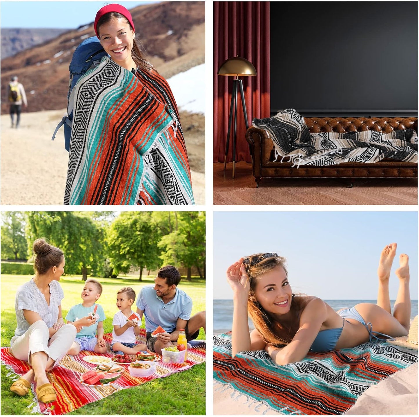 Haull 10 Pcs Large Mexican Blankets Bulk 51" x 71" Mexican Serape Blankets Yoga Authentic Throw Colorful Striped Falsa with Fringed for Outdoor Car Travel Camping Beach Picnic Patio Mat Towel