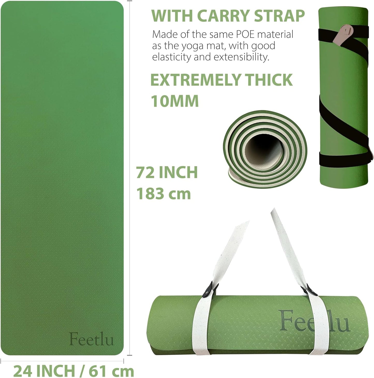 Yoga Mat with Strap – 10mm & 12mm Thick Yoga Mat, Non-Skid Dual Surface Workout Mat, Eco-Friendly POE Yoga Mats for Women Men Kids, Perfect Exercise Mat for Pilates, Yoga, and Floor Workouts, Includes Carrying Strap.