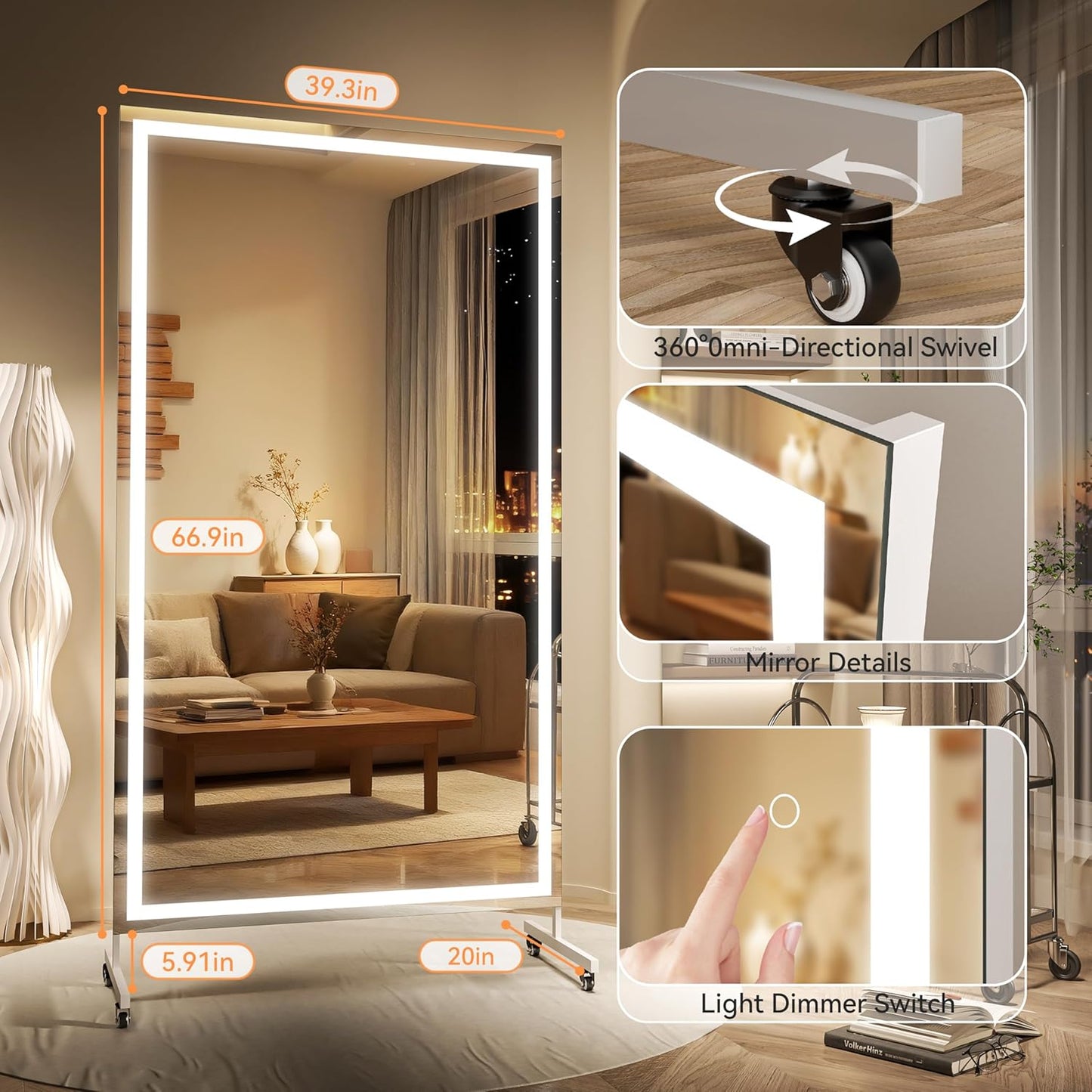 Hasipu Home Gym Mirror with Light 360° Swivel on Wheels, 79" x 32" Extra Large Full Length Rolling LED Mirror for Yoga Studio, Bedroom, Dancing Studio, White